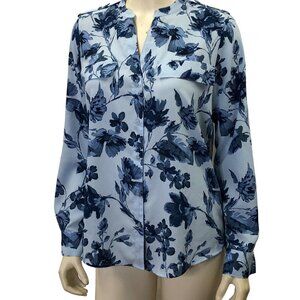 Calvin Klein Womens Blue Floral Button-Down Blouse W Roll-Tab Sleeves Size S NWT